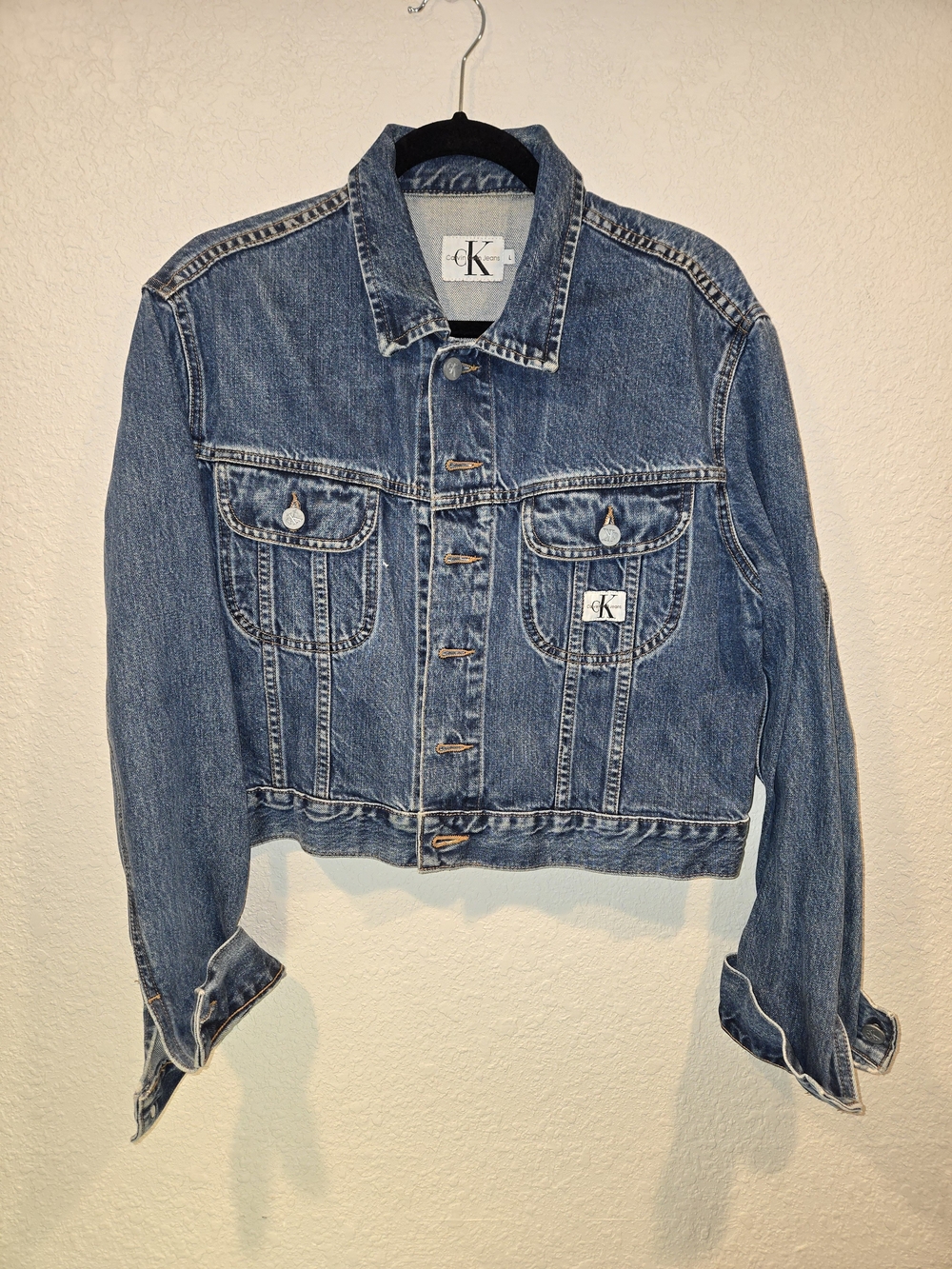 Calvin Klein Cropped Denim Jacket - Medium Blue Size L